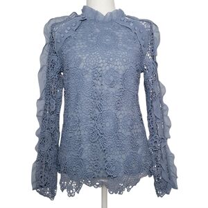 INA Blue Crochet Floral Lace High Neck Ruffle Trim Top Button Accent Zip Back XS
